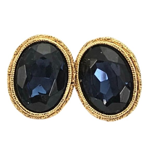 1928 Brand Gold Tone Oval Blue Faceted Lucite Post Earrings, L813 - Picture 1 of 7